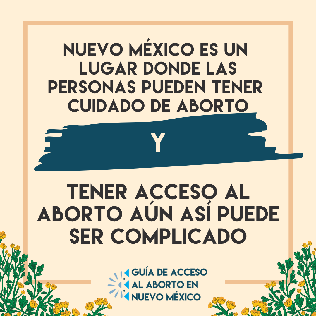 a light yellow square with yellow flowers that reads, "New Mexico is a place where people can get abortion care, AND Accessing an abortion can still be complex."